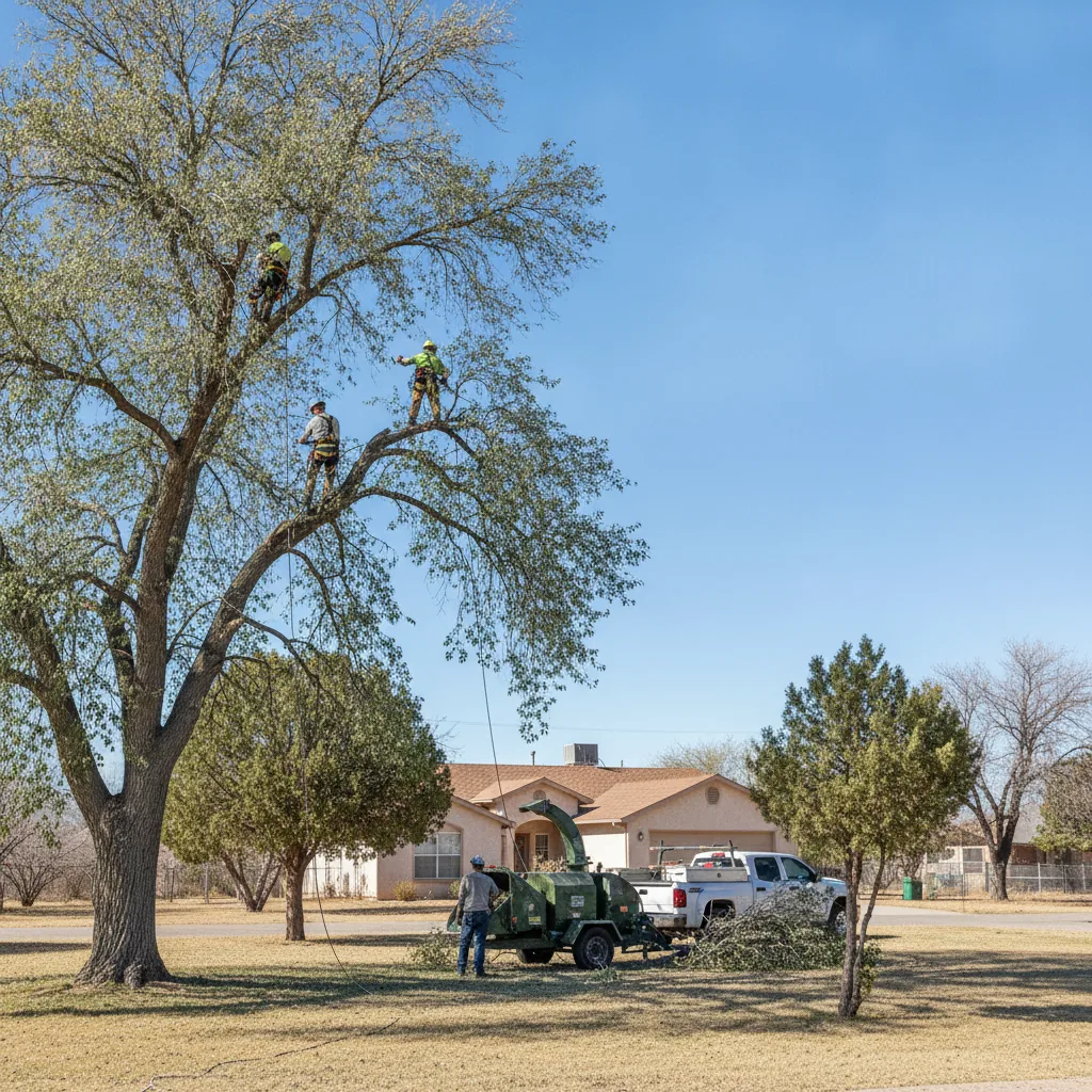 Tree service crew trimming wind damaged limbs at a Portales New Mexico residential property